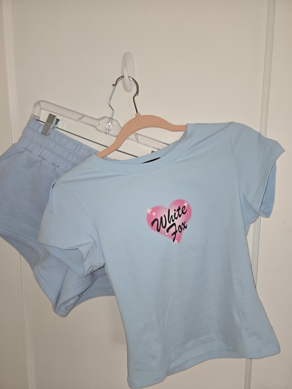 White Fox Tee & Shorts Set with Pink Heart Logo